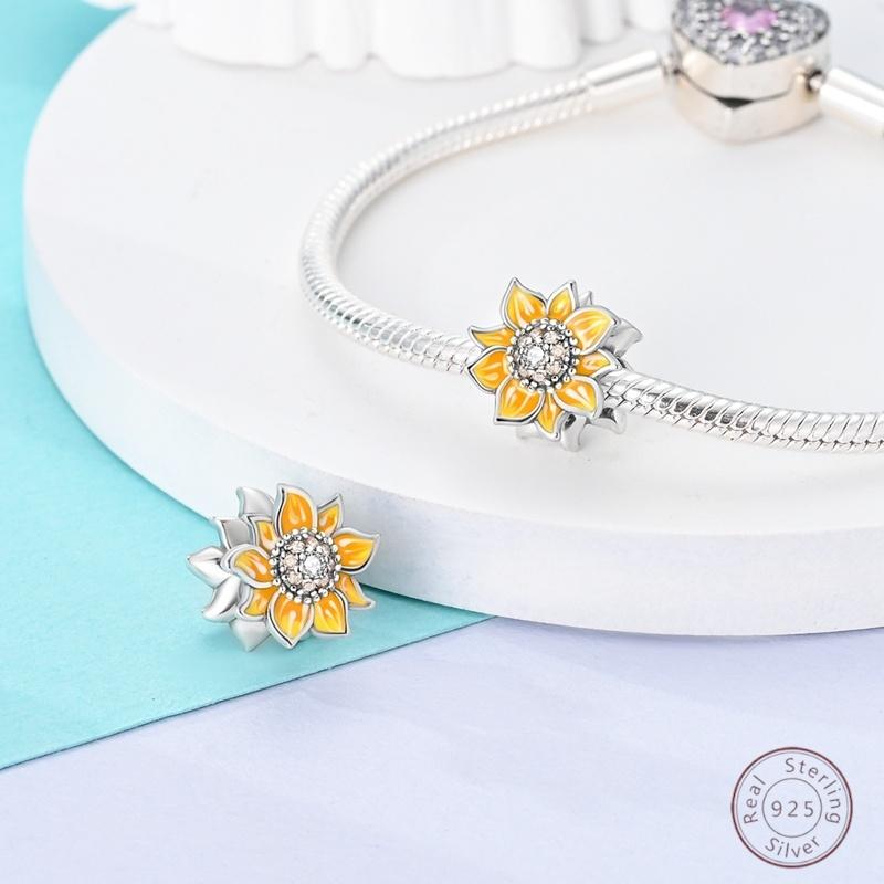 Copper Beaded Pendant Shiny Zirconia Sunflower Flower Original 3Mm Bracelet Women Fine Jewelry