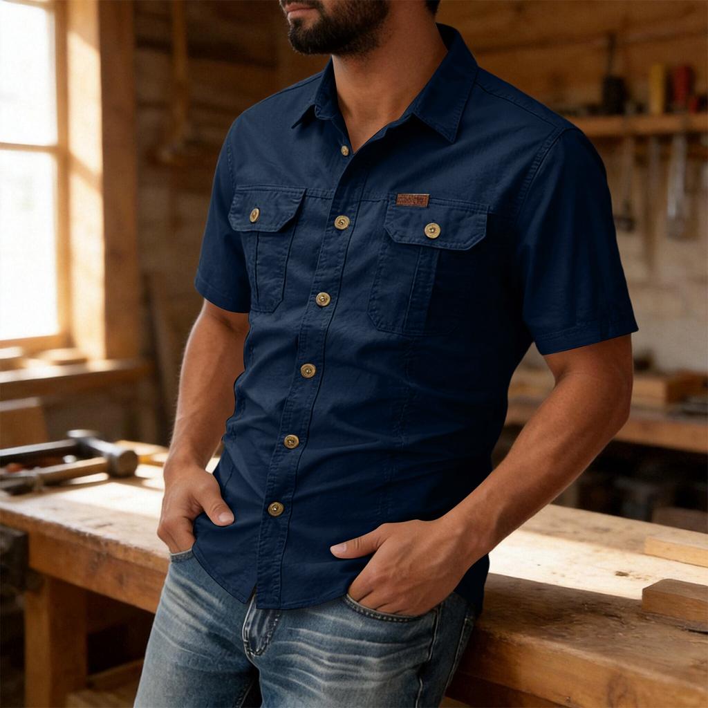 Men's Short Sleeve Button Down Shirt Collar Loose Fit Work Shirt with Pockets Color Casual Everyday Wear