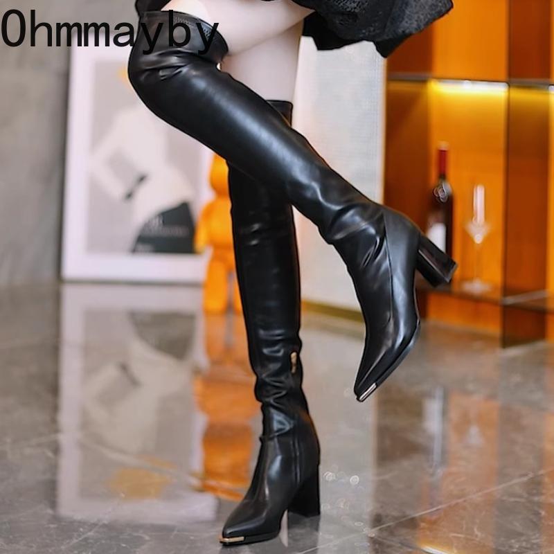 Winter Street Style Thick Heel Women Over-the-Knee Boots Fashion Metal Pointed Toe Stripper Party Stretch Slim Long Booties