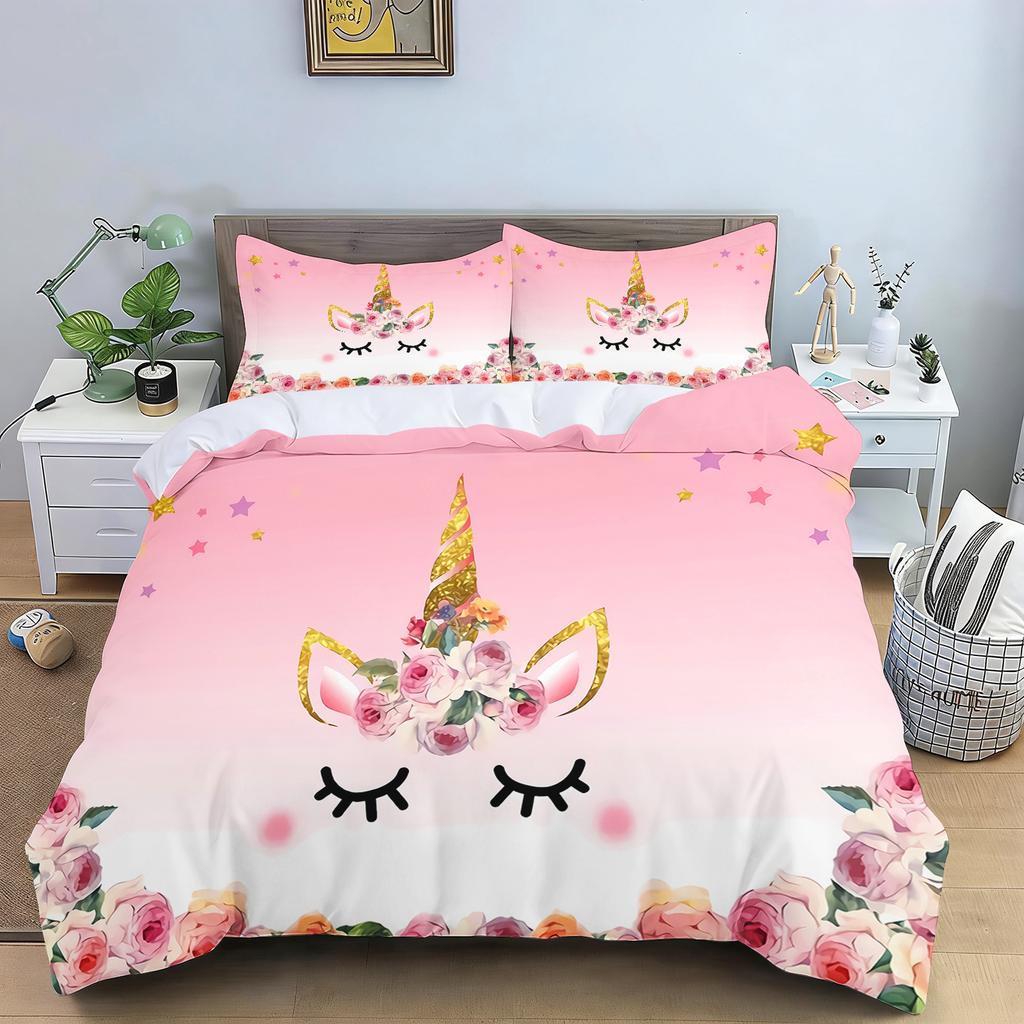 Cute Flowers Rainbow Unicorn Couple Bedding Set Pink Hearts Duvet Cover Pillowcase For Girls Bedroom Decor