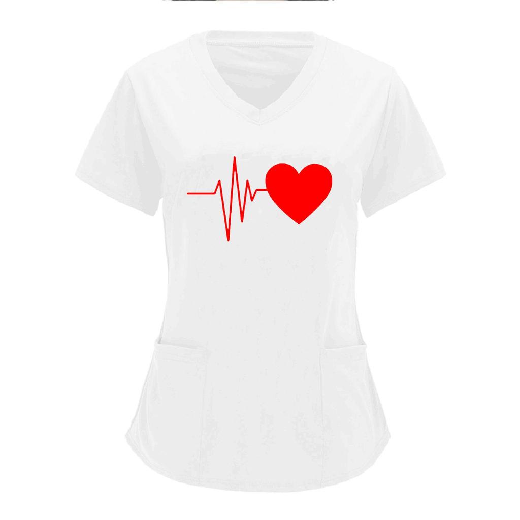 European & American Heartbeat Love Print Nurse Uniform, V-Neck, Double Pocket, Short-Sleeve T-Shirt, Large Size