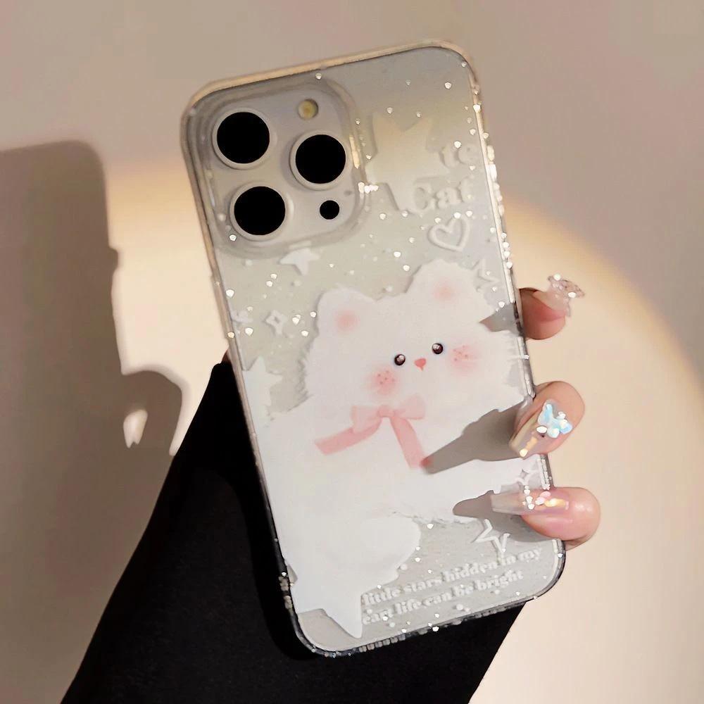 Ins Little White Cat Is Suitable for Apple 17/16promax Mobile Phone Case iPhone15 Glitter 13 Cute 12 Soft Case 14