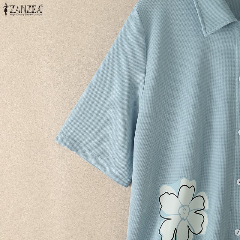 ZANZEA Blusa informal holgada de media manga con cuello vuelto para mujer