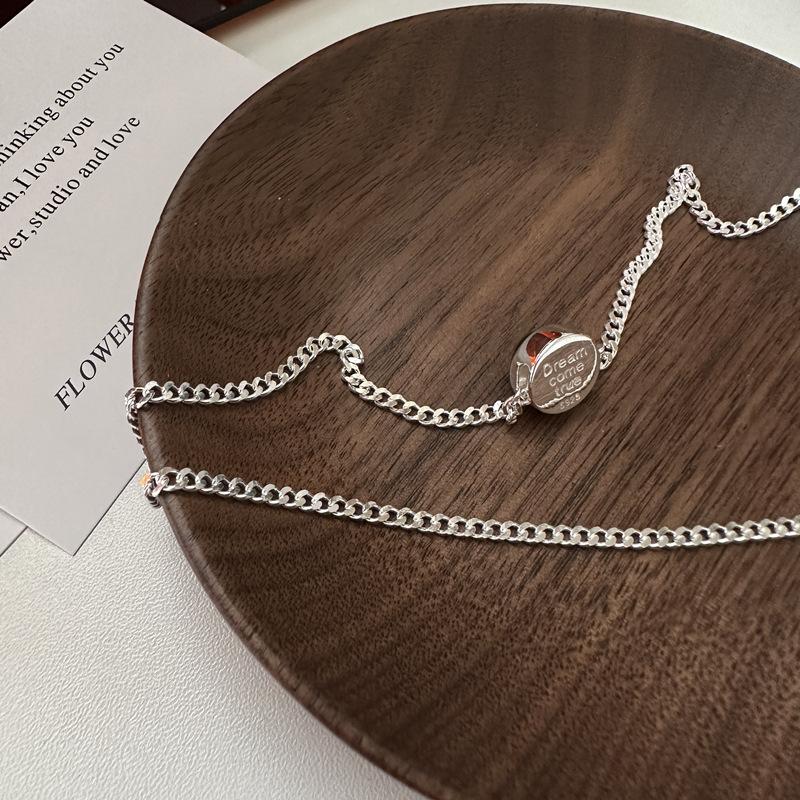 S925 Sterling Silver Niche Design Sense Letter Black Agate Necklace Simple Fashion Personality Round Collarbone Chain