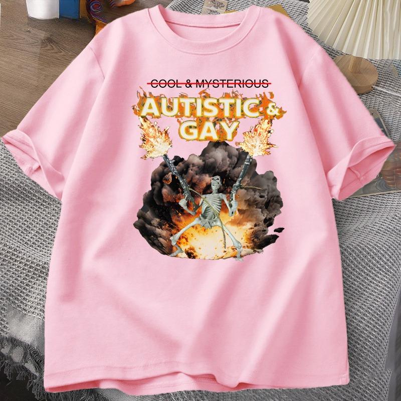 Summer Men's Loose Hip Hop Autism and Gay Skull Explosion Printed T-shirt Cotton Street Round Neck Short Sleeve Large