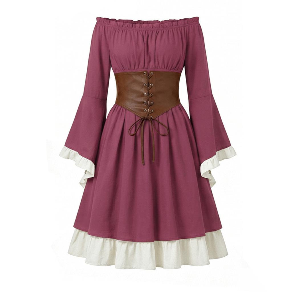 Womens Medieval Renaissance Dress Off Shoulder Gothic Style Corset Waist Vintage Long Sleeve Flared Skirt Costume for Halloween or Themed Events