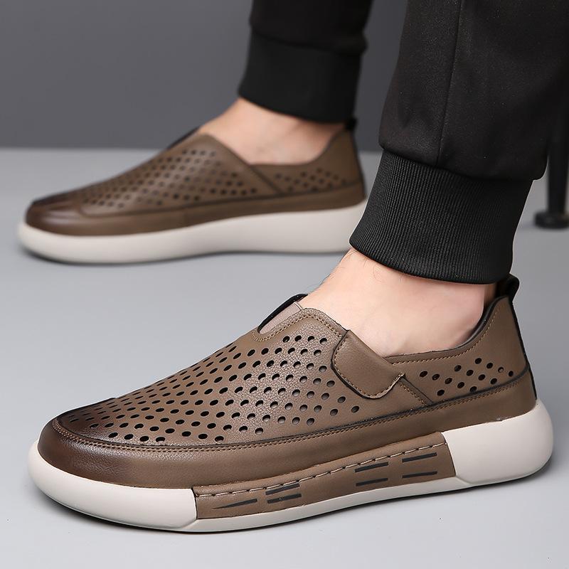 Men's Shoes New Summer Leather Hollowed-out Casual Leather Shoes Breathable Hole Shoes Trendy Soft-soled Outdoor Sports Shoes