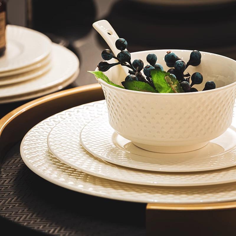 Pure White Bone China Irregular Embossed Floral Anti-scalding Tableware Set