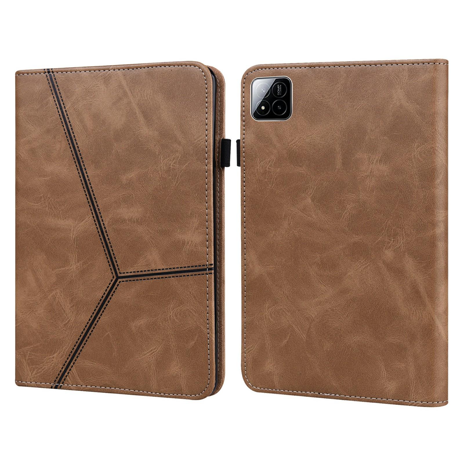 

For Xiaomi Pad 7 Pro/Pad 7 Case Line Imprinted PU Leather Card Holder Tablet Stand Cover Brown