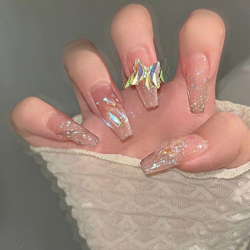 100% Handmade Long Trapezoid Fake Nails Art Aurora Rotating Butterfly Popular Nails Reusable Fake Nails