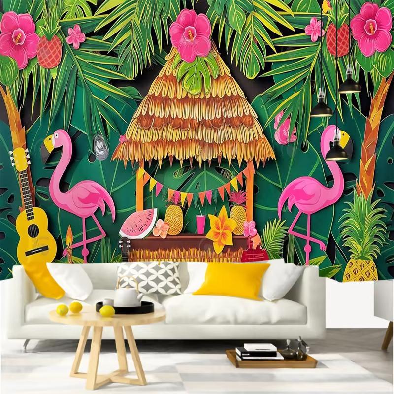 VIKAMA Sommerlicher tropischer Fantasie-Wandteppich Flamingo Tiki Bar ALOHA Totem Palme Wohnzimmer Party Hintergrund Raumdekoration