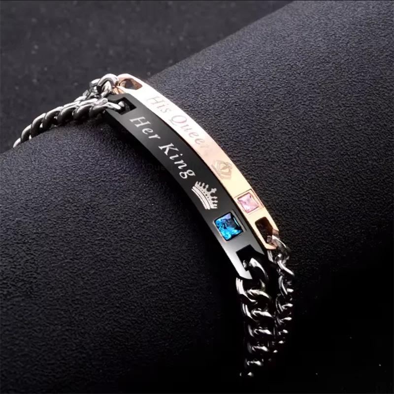 2 Style His Queen Her King Black Rose Gold Color Women's Male Chain Crystal Couple Bracelet for Men Femmo On Hands Jewelry