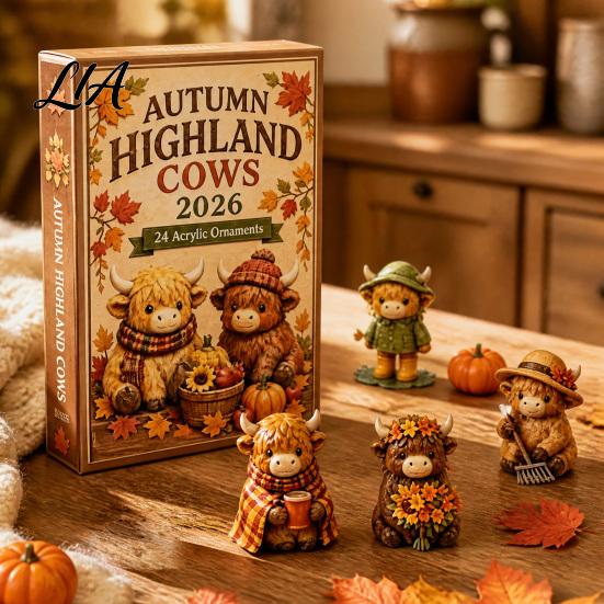 Farmhouse Style Seasonal Decor Christmas Highland Cow Advent Calendar, 24 Cute 3D Collectible Mini Thanksgiving Keepsake Gifts Figures, Holiday
