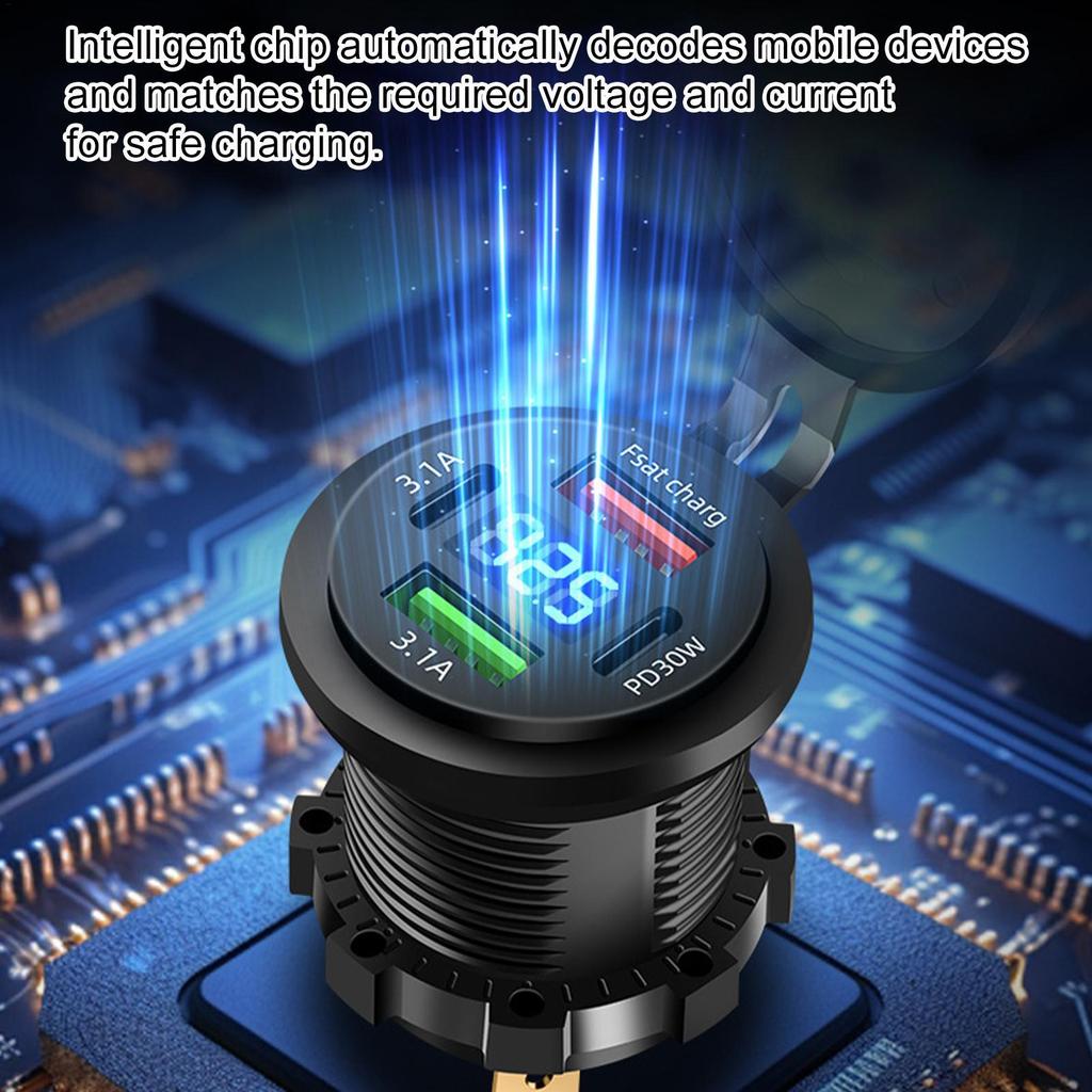 Car Charger Socket Dual PD & Dual USB 4Ports Fast Charging Socket Waterproof with Voltmeter 12V/24V For Car Boat Motorcycle