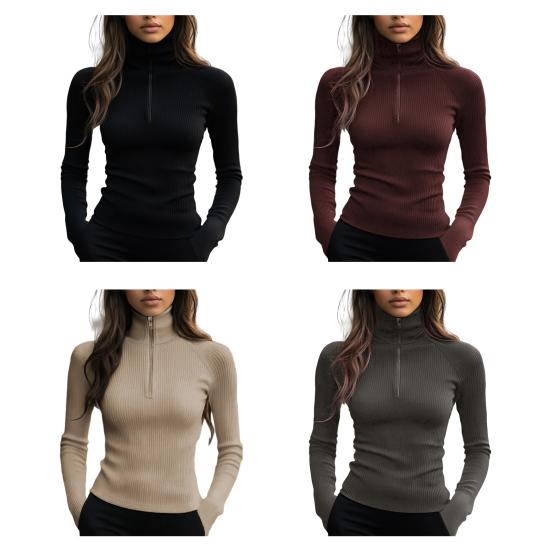Bottom Tops Zipper Half Placket High Collar Long Sleeve Knitted Tops Solid Color Slim Fit Elastic Base Tops