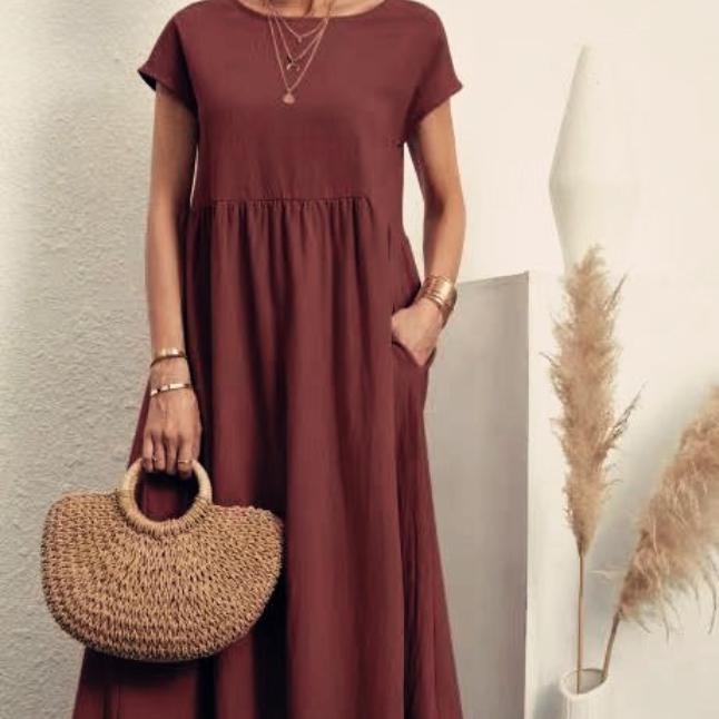 Women Elegant Solid Maxi Dress Summer Short Sleeve O Neck Vintage Harajuku Cotton Linen Loose Sundress Y2K Pockets Long Dress