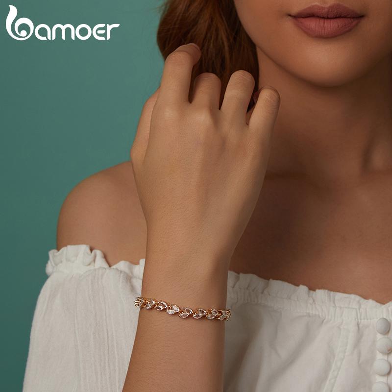 BAMOER White Gold Plated Sparkling Cubic Zirconia Classic Olive Leaf Bracelet, Gold Bracelets for Women Fashion Jewelry