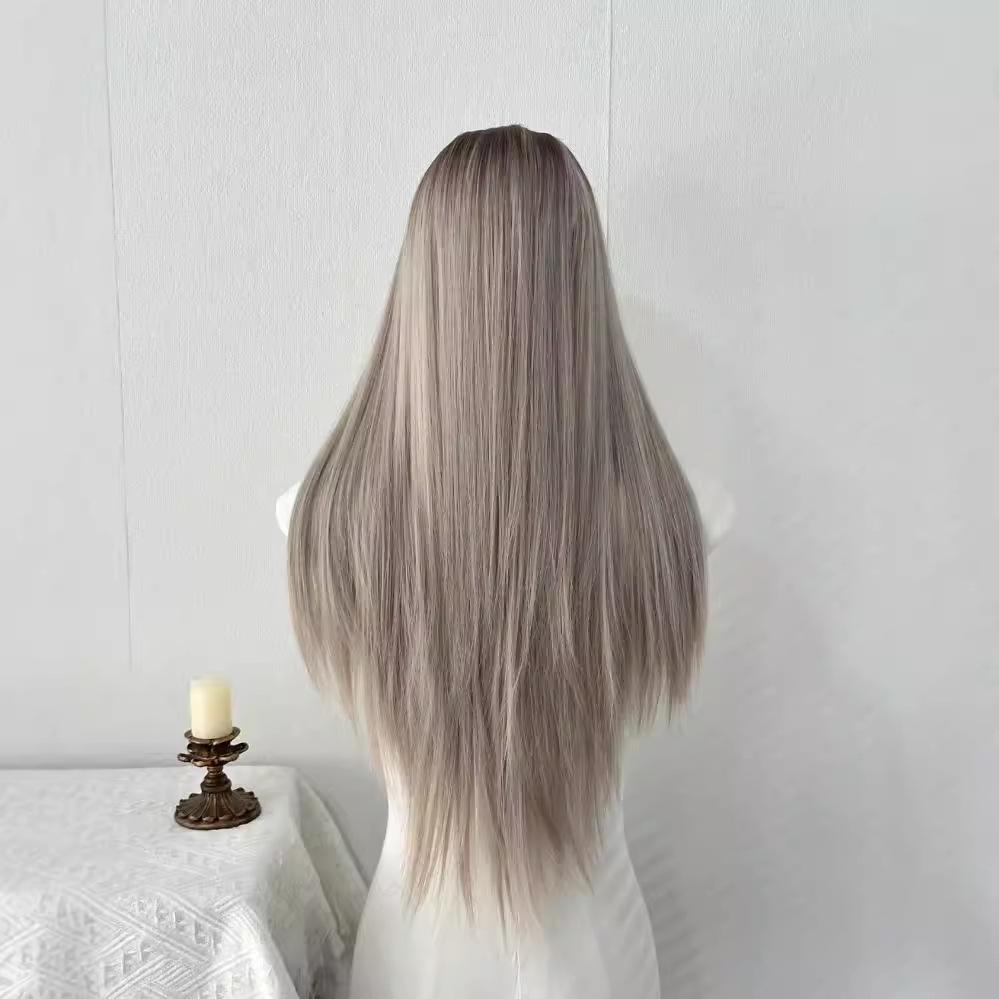 Asijská dlouhá rovná krajková paruka s přední částí - Gradientně barvená středová pěšinka, Krytí celé hlavy, Přirozený vzhled pro ženy