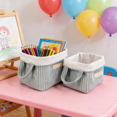 Foldable Corduroy Storage Bin Basket with Desktop Organizer for Side Handles Collapsible Storage Toys Storage Vanity Organization