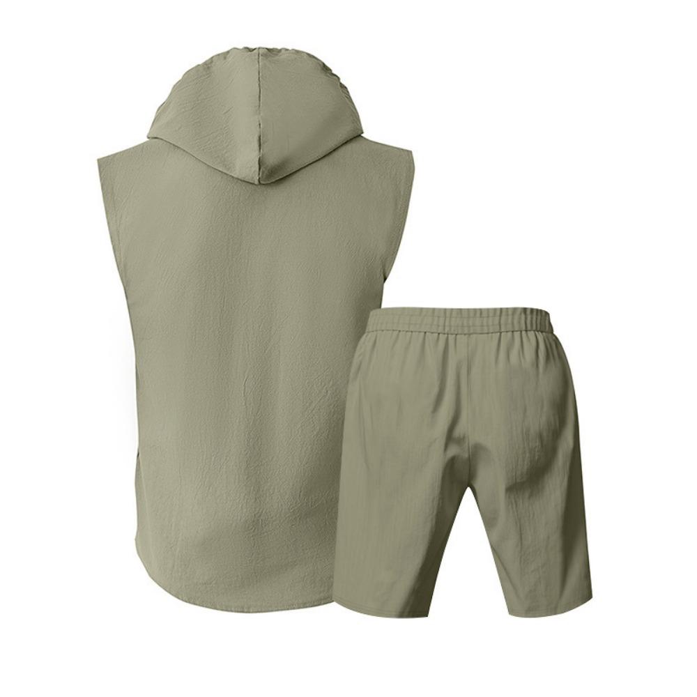 Mens Summer 2 Piece Outfit Shorts Set with Sleeveless Hooded Shirt Top Cotton Beach Casual Loose Fit Comfortable Athletic