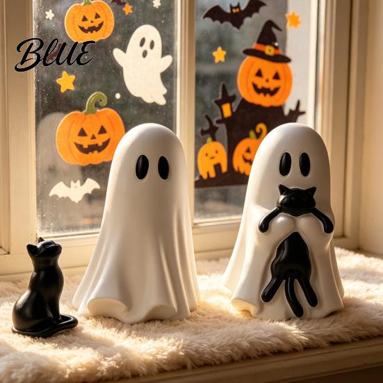 Unique Halloween Seasonal Decor Ornament Ghost Hugging A Black Cat Sculpture Spooky Tabletop Decoration Resin Figurine for Home Bedroom Entrance