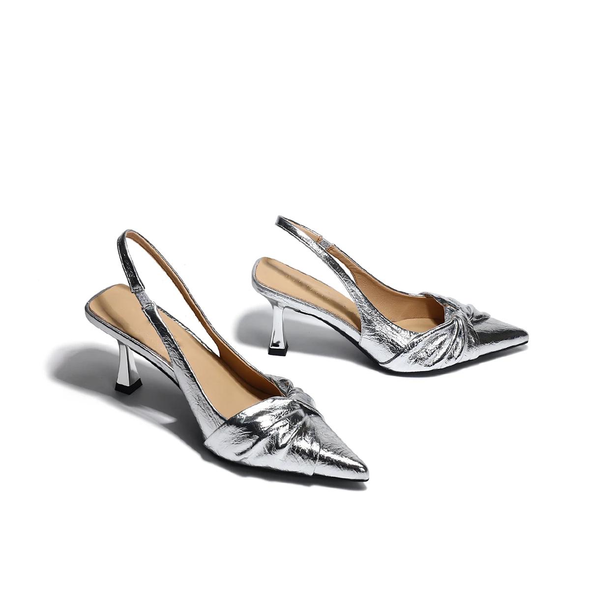 Золотистые плиссированные сексуальные женские босоножки с острым носком на высоком каблуке — фото 6