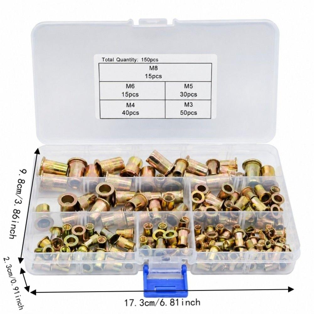 150PCS Gold Rivet Nuts Assortment Steel Threaded Rivnuts Knurled Nuts Set Industrial Applications