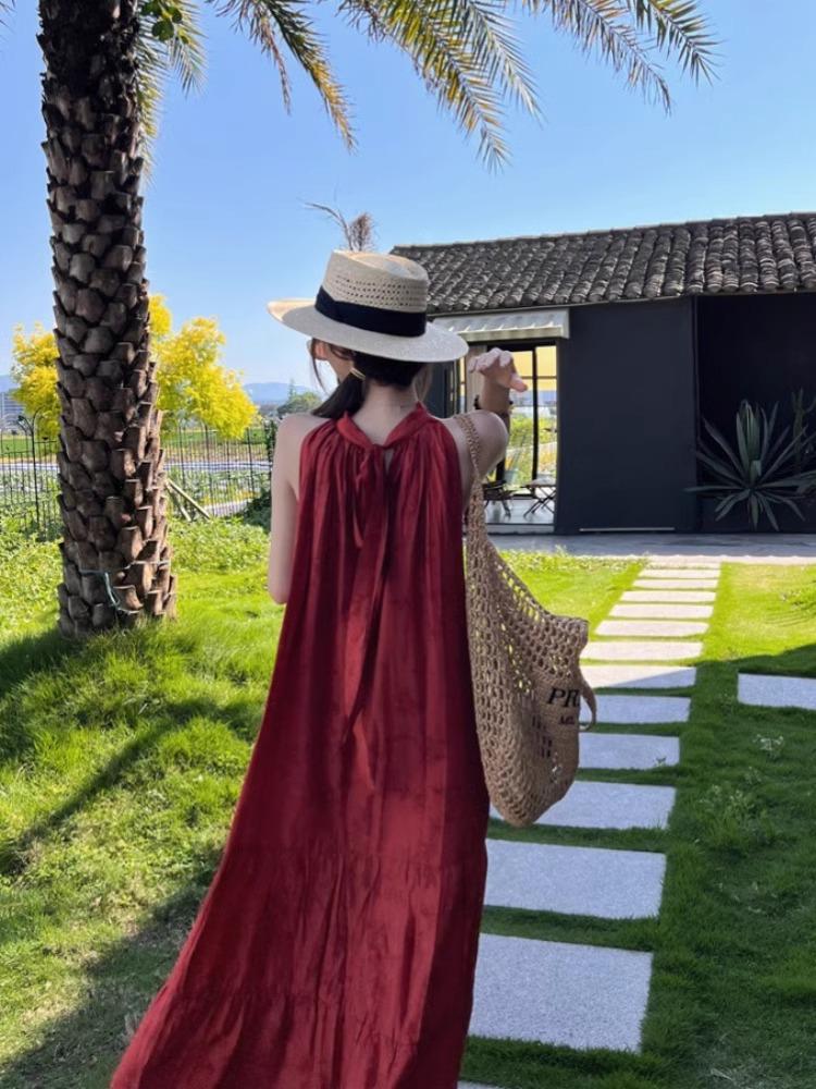 Retro Chinese Style Red Halter Neck Dress for Women - Summer Seaside Vacation Long Flare Skirt