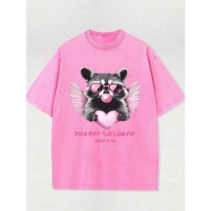 Men's Vintage Washed Cotton T-Shirt - Casual Loose Fit, Round Neck, Short Sleeve with Unique Raccoon Print and Heart Detail