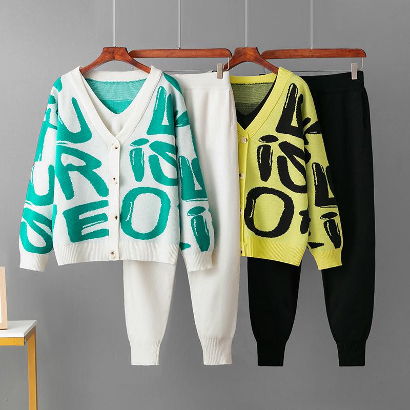 Jacquard Knitwear Three-Piece Set: Cardigan & Pants - Casual Loose Fit