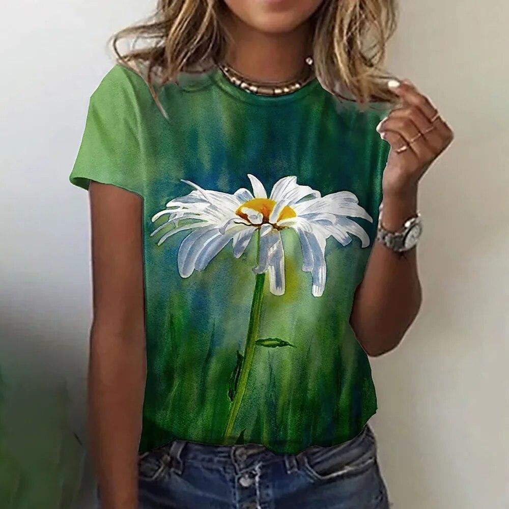 2023 Women's T-Shirts Fashion Floral Theme T Shirt Floral Plants Tees Summer Short Sleeve Top Basic Oversized Female Clothing