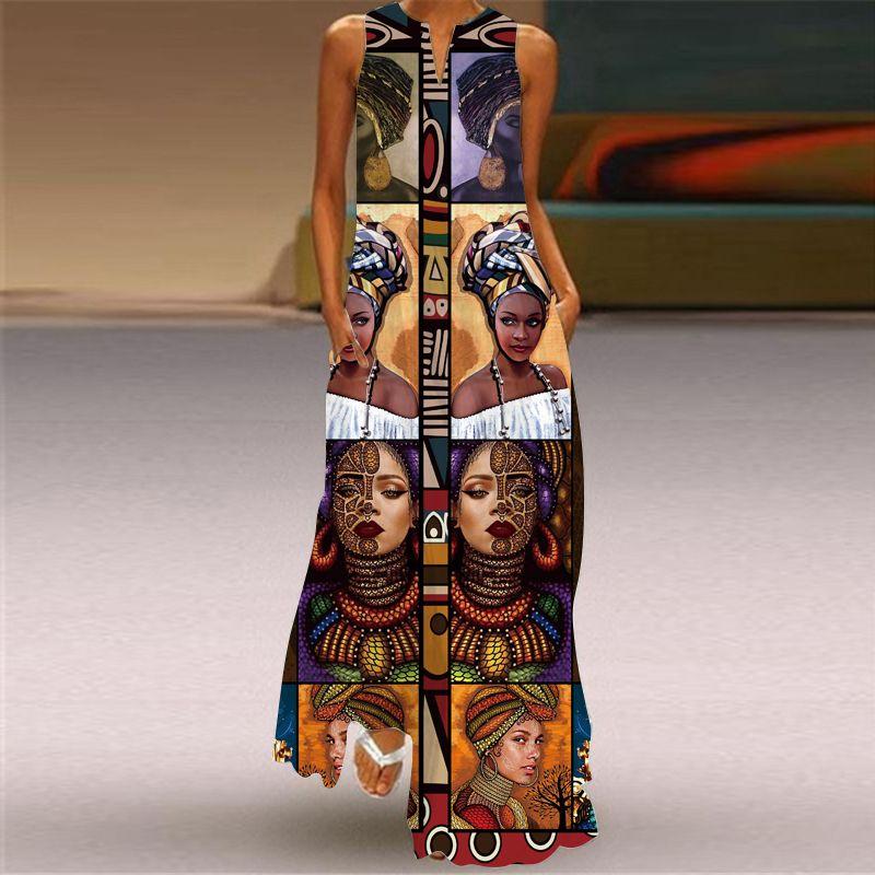 

Fashion Show Performance Dress Retro African Style V-neck Slimming Dress Long dress Vacation Sleeveless Catwalk Show Large Swing Skirt 230 XL