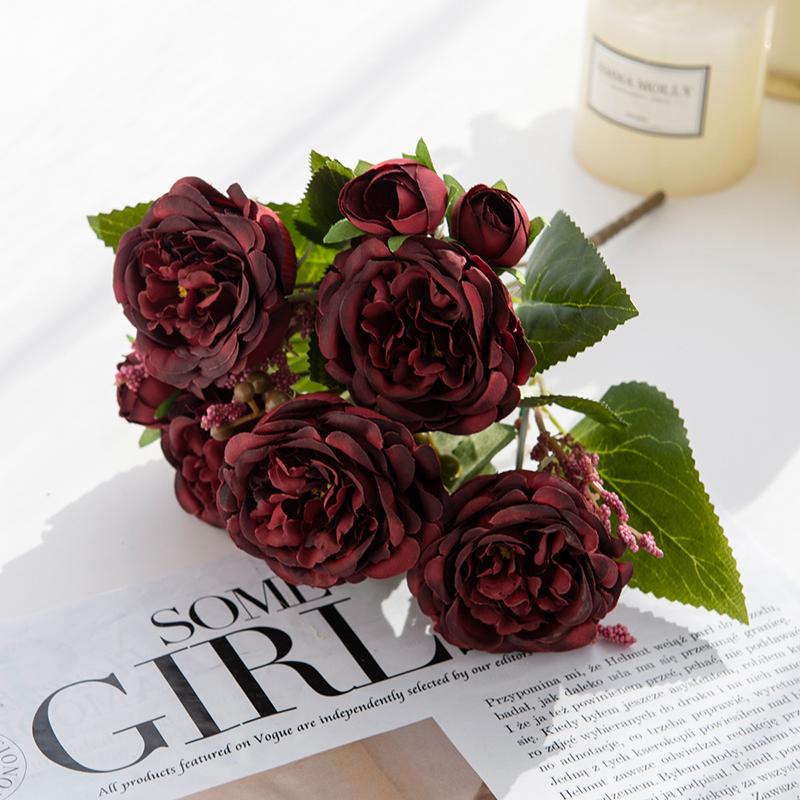 5-Petal Autumn-Colored Peony Artificial Flower Bride Bouquet Wedding Living Room Table Decoration For Vase Home Diy Fake Plants