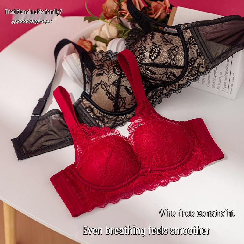 French Lace Push-Up Bra for Women - Large Bust, Anti-Sagging, Wire-Free, Comfortable, Thin Style