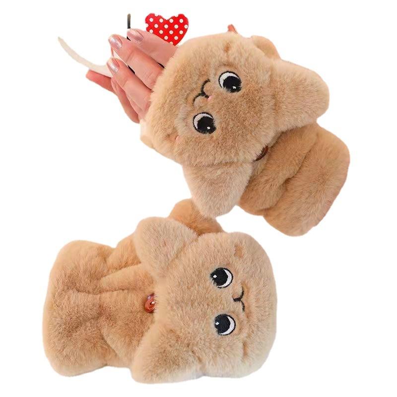 Winter Cartoon Korean Style Gloves for Women Cute Student Plus Velvet Thickened Flip Cycling Cold Warm Plush Gloves