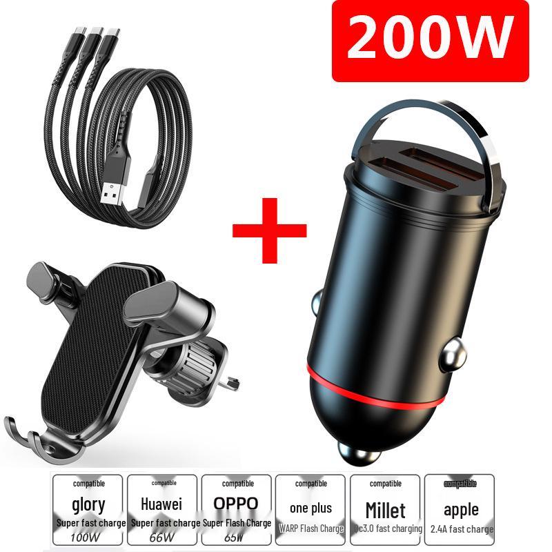 Compact Dual USB Car Charger with Pull-Ring Design - 200W Fast Charging & Multifunctional Cigarette Lighter