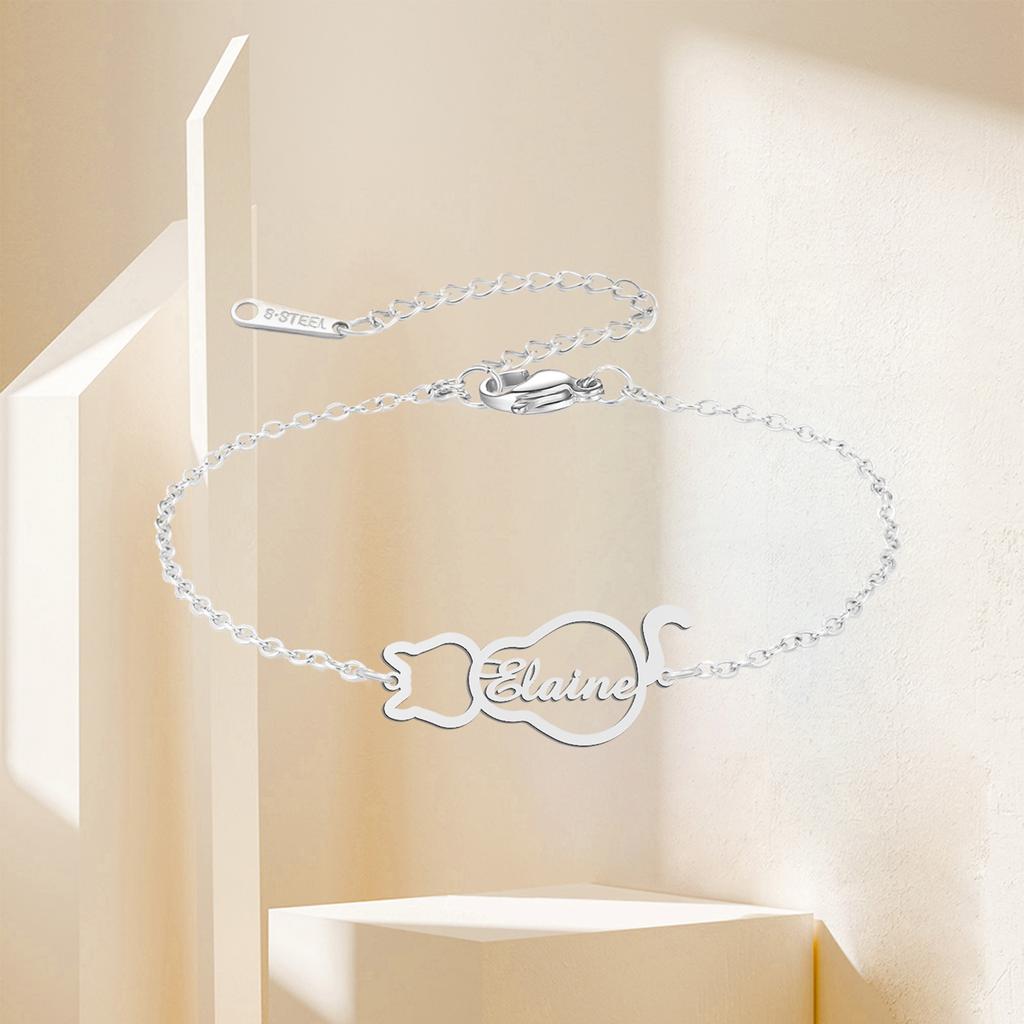 Lemegeton Personalized Name Bracelets Custom Cat Pendant for Women Child Stainless Steel Jewelry Bracelet Family Birthday Gifts