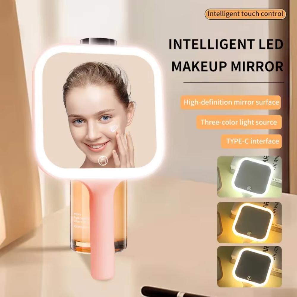 3 Color Light LED Smart Makeup Mirror Touch Screen Handheld Portable Touch Screen Makeup Mirror Adjustable Brightness розовый