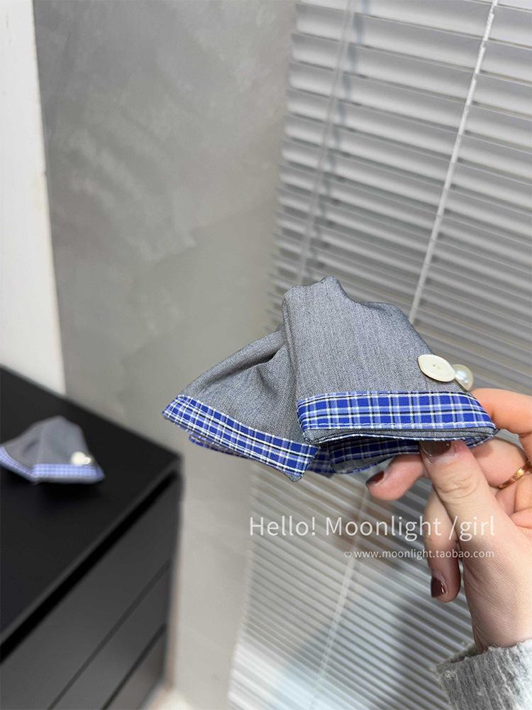 Korean Dongdaemun Blue Plaid Pearl Button Hair Claw Clip for Women