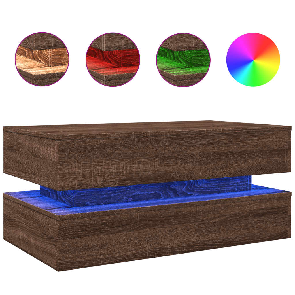 Coffee Table with LED Lights Brown Oak Effect 90 X 50 X 40 Cm