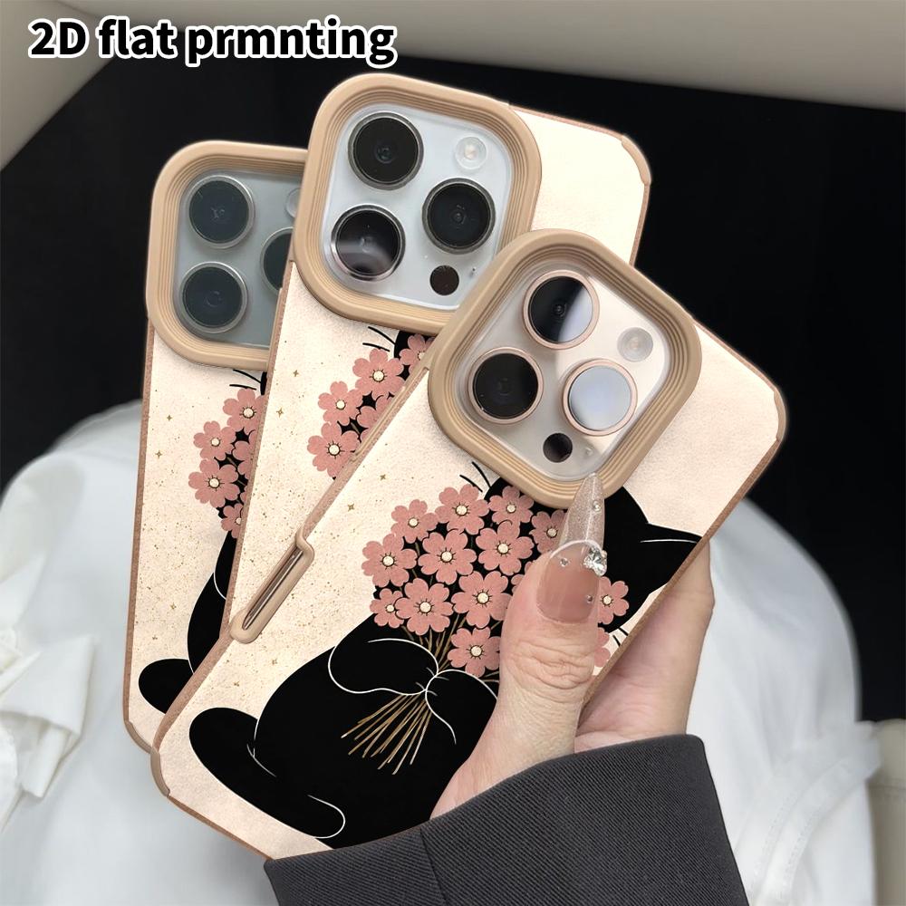 Phone Case: 2D flat lambskin suitable for iPhone 18 17 16 15 14 13 Pro protective case, bouquet black cat, Christmas and Halloween gifts