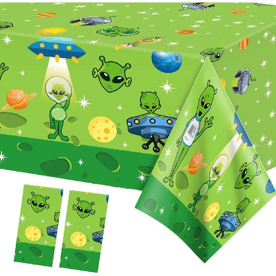 2 Pcs Alien Tablecloth Green Alien Table Covers Aliens Party Tablecloths Space UFO Themed Party Supplies Space UFO Plastic Rectangular Tablecloth for