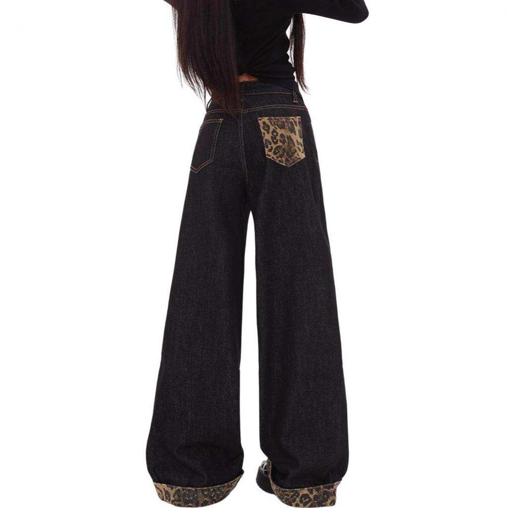 Wide Legged Large Size Jeans Women Autumn Loose Splicing Leopard Print Rolled Edge High Waisted Straight Dragging Floor Trousers Long Denim Pants