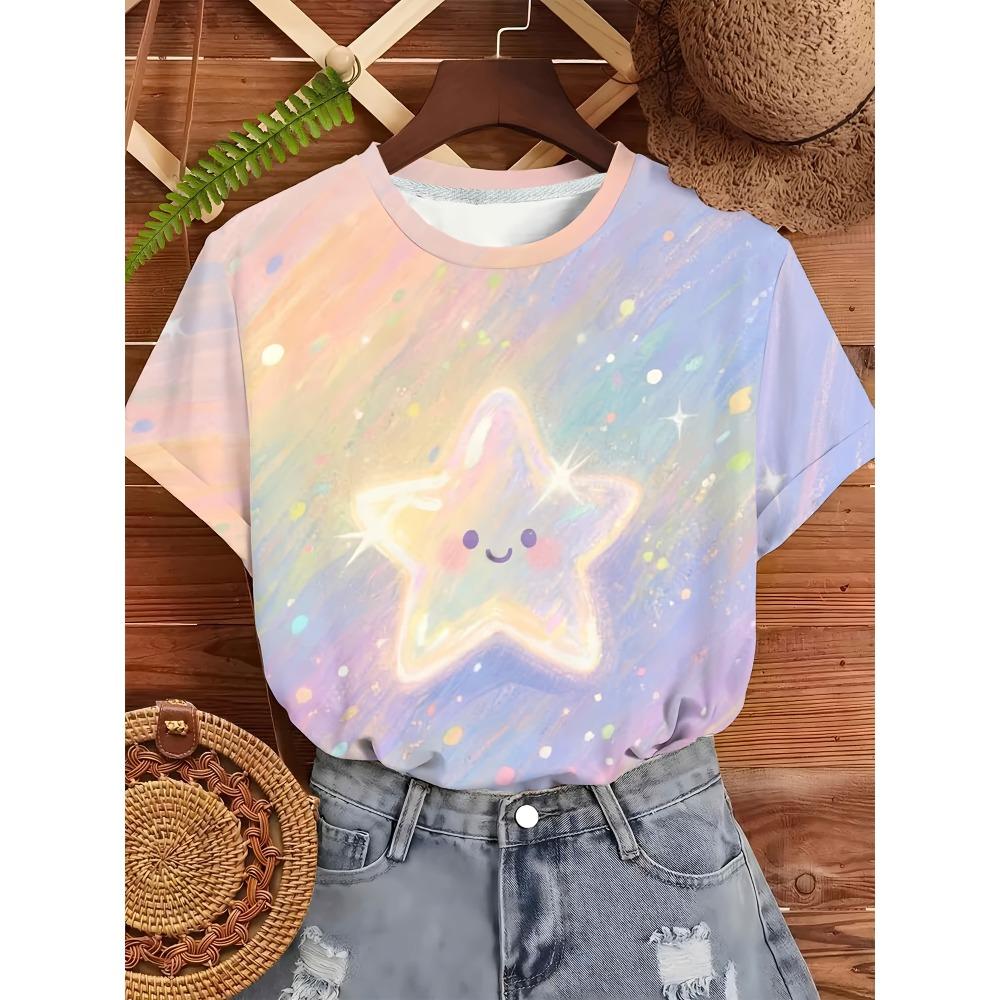 Crew neck dream macaron style smiley face star print short sleeve T-shirt
