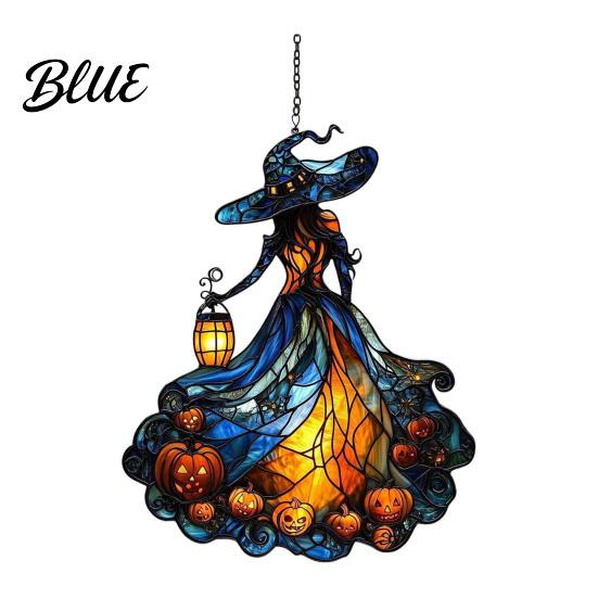 Halloween Buntglasdekorationen Hexe Acryl Sonnenfänger Effekt Fenster Auto Hängendes Ornament Gotisch Gruselige Dekorationskette mit Kürbis