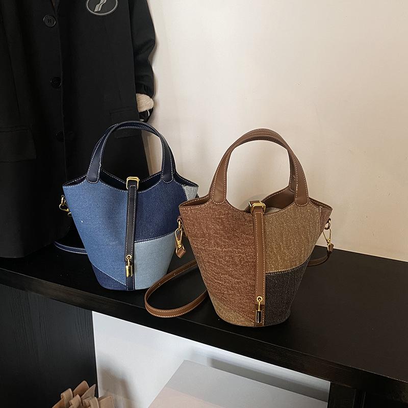 Niche design new Korean version splicing contrasting color shoulder messenger denim bag versatile casual vegetable basket bucket bag