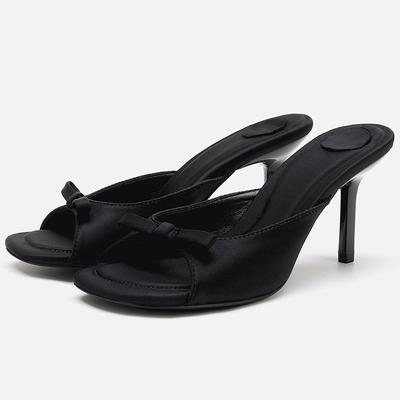 Elegant Square Toe Women Slippers 2025 Summer New High Heels Fashionable Butterfly Knot Sandals Black Stiletto Shoes Mujer