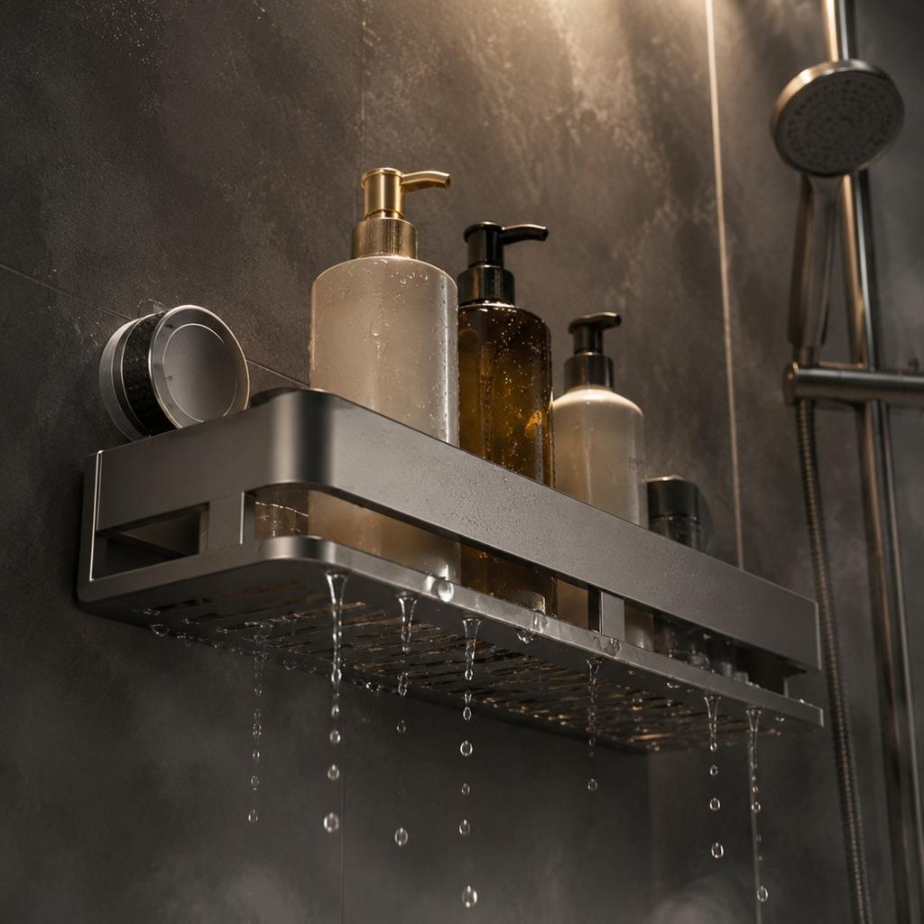 Wall Mounted Suction Cup Bathroom Storage Shelf Corner Multi Functional Drain Rack 40cm Stainless Steel Shower Organizer