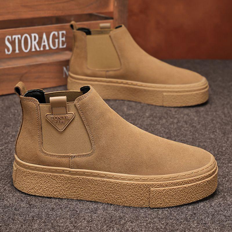 Chelsea Men's Retro Leather Martin High-Top Ankle Boots, One-Step, Thick-Soled, Versatile for Autumn/Winter.