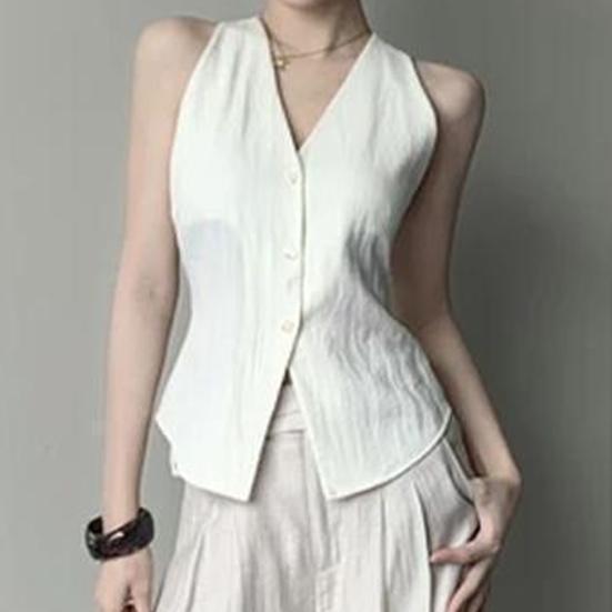 Women's Halter V-Neck Vest Backless Single Breasted Sleeveless Vest Asymmetrical Hem Vest